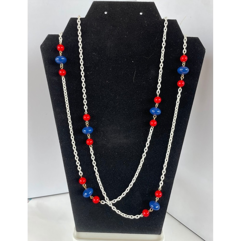Vintage 1980 57" Nautical Red Blue Glass Bead Station Necklace Silver Tone Chain
